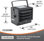 Comfort Zone Hard-Wired Ceiling Mount Garage Electric Space Heater, Fan-Forced, 5,000 watt, 240 volt, Overheat Protection, Thermal Cut-Out Switch, Ideal for Workshop & Garage, ETL Compliant, CZ220BK