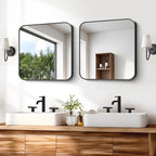Black Bathroom Mirror, 18 x 18 inch Square Mirrors for Wall, Metal Frame Rounded Corner Vanity Mirror for Over Sinks Modern Bedroom Living Room Horizontal Or Vertical Mounting