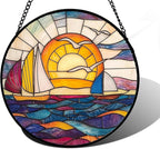 DASTOLL Stained Glass Window Hanging, Sailboat and Waves Suncatcher Diamond Glass Panel Hangings Sun Catchers Decor for Birthday for Women, Men, Wife, Aunt, and Mom 11.8x11.8 in