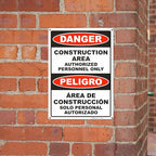 Brimar - 10" x 14" - Bilingual Danger Construction Area Authorized Only Sign - .040″ Rust-Free Aluminum - Bold Text - Easy Installation