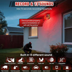 Solar Outdoor Motion Sensor Alarm, Dog Barking&Gunshot Sound,130db Loud Noise Maker,Support Recording,13 Kinds of Sound and Strobe Light to Deter Raccoons, Deer, Skunks, Bears, and Coyotes