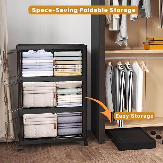 Extra Large Stackable Storage Bins with Lids & Wheels, 330QT-55QT/14GAL*6Pack Foldable Collapsible Closet Organizers Dark Storage Cabinet with Doors for Bedroom Dorm