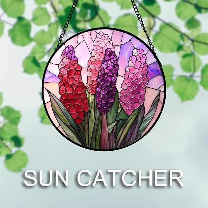 DASTOLL Stained Glass Window Hanging 4 Pcs Set Purple Flower Theme Large 15" - Tulip Suncatcher Door Garden Sun Catcher Decor Birthday Christmas for Plant Lovers Woman Nana Men