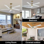 WINGBO 72 Inch DC Ceiling Fan with Lights and 3 Downrods, 5 Reversible Carved Wood Blades, 6-Speed Noiseless DC Motor, Large Ceiling Fan in Brass Finish with White Blades, ETL Listed