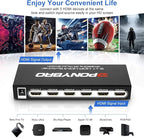 PONYBRO HDMI 2.0 Switch 5 Port 4K@60Hz Auto-Switching – 5 in 1 Out with Remote, HDR10, 3D, Ultra HD for PS5/Xbox/PC/Fire TV, Zero Delay