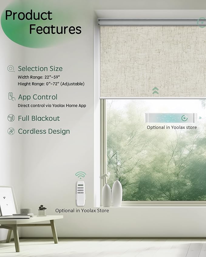 Yoolax Motorized Blinds App Control, Blackout Roller Shades for Windows, Cordless Automatic Shades Roller Window Blinds for Bedroom Living Room Office(Blackout Artisan Beige, 46" W x 72" H)