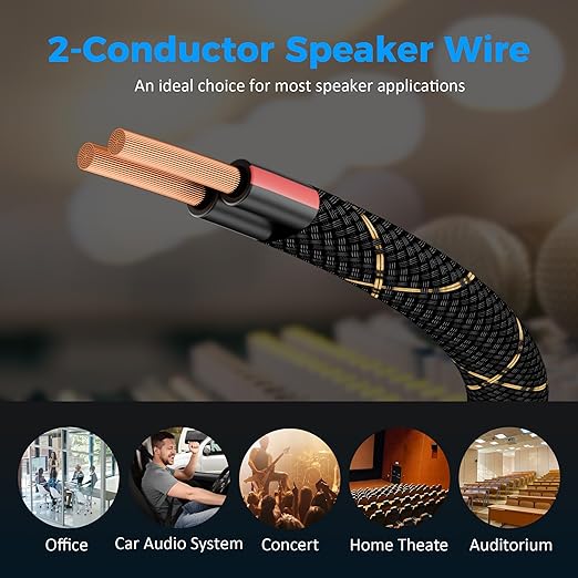 14/2 Speaker Wire 100 Feet, 14AWG Gauge Speaker Cable, Direct Burial, Durable Nylon Braided, in Wall, 2 Conductors, OFC Oxygen-Free Copper, for Car Audio Stereos, Home Theater, Surround Sound, Radio