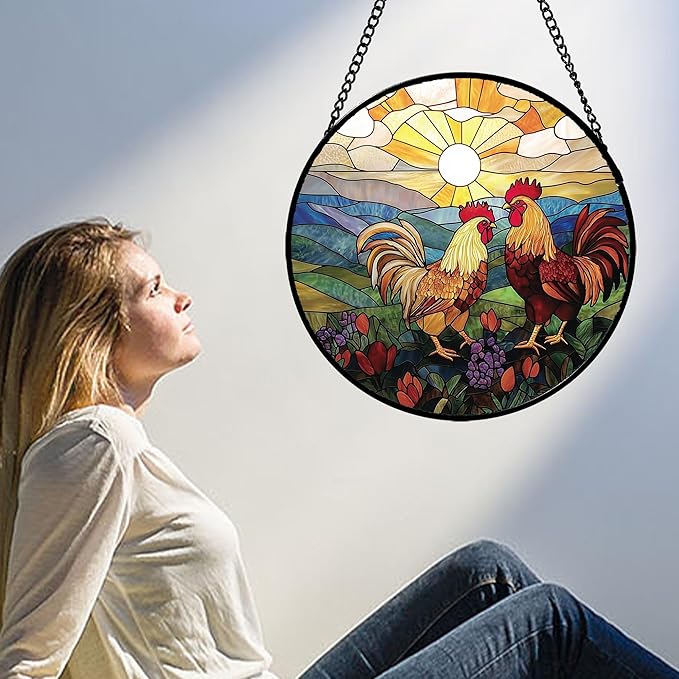 AMDERVEN Stained Glass Window Hanging, Countryside Scenery Chicken Sun Catcher for Door Home Decor Sunrise Suncatcher Christmas Mother's Day Birthday Gifts for Women Men Mom Nana 7.8 in