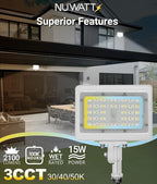 NUWATT 15W LED Flood Light, 3CCT 3000K/4000K/5000K Selectable, IP65 Waterproof Lighting, 1/2" Adjustable Knuckle Mount, 2100 Lumens, 120-277V, Outdoor Security Floodlight for Yard, White, UL