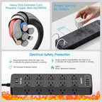 Solidock Power Strip Surge Protector Flat Plug with 20 AC Outlets 6 USB Chagring Ports, 1875W/15A, 2700J, 10 Ft Heavy Duty Extension Cord for Home, Office, Dorm, Gaming,ETL Listed (Black, 10 Feet)