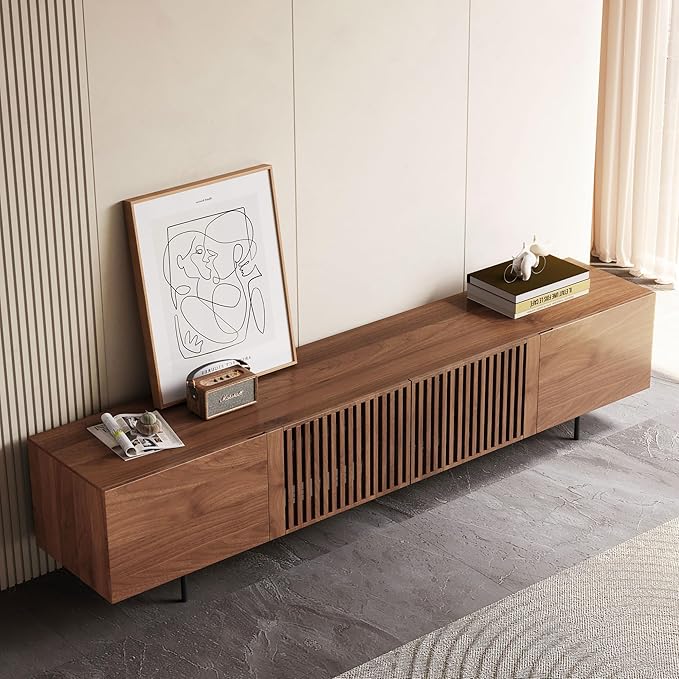 NessCarsti Mid Century Modern TV Stand for 80+ Inch TVs, 94.48" Walnut Console with Ample Storage – Stylish Entertainment Center for Living Room or Bedroom