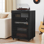 LEVNARY 5-Tier AV Media Cabinet with Grille Door, Modern Wooden Stereo Rack with Adjustable Shelves & Wheels, Audio Video Cabinet for Living Gaming Room Recording Studio (Black)