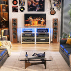 Besiost AV Media Stand with Outlets, Media Console with LED Lights, Stereo Racks and Stands with Storage Shelves, Media Audio Tower Cabinet, Natural Oak and White