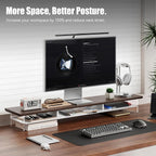 FENSULN Dual‑Tier Monitor Stand for Modern Desk Setup – Minimalist Wooden and Metal Riser Shelf with Transparent Acrylic Feet for Dual Monitors, Laptops, Home Office Aesthetic，Brown and White