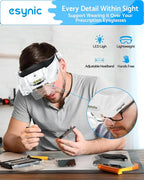 eSynic Type-C Rechargeable Magnifying Glasses Headset-Up to 14X Magnification with 5 Interchangeable Lense-3 LED Lights with 2 Adjustable Brightness Levels-Comfort & Fit Headband for Crafts/Reading