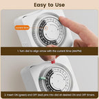 SURAIELEC Mechanical Timer with 2 Grounded Outlets, Indoor Electrical Plug in Timer with Trippers, 24-Hour Programmable and 3 Prong Outlets for Christmas Decorations, Plant Lights, Fan, 15A, White