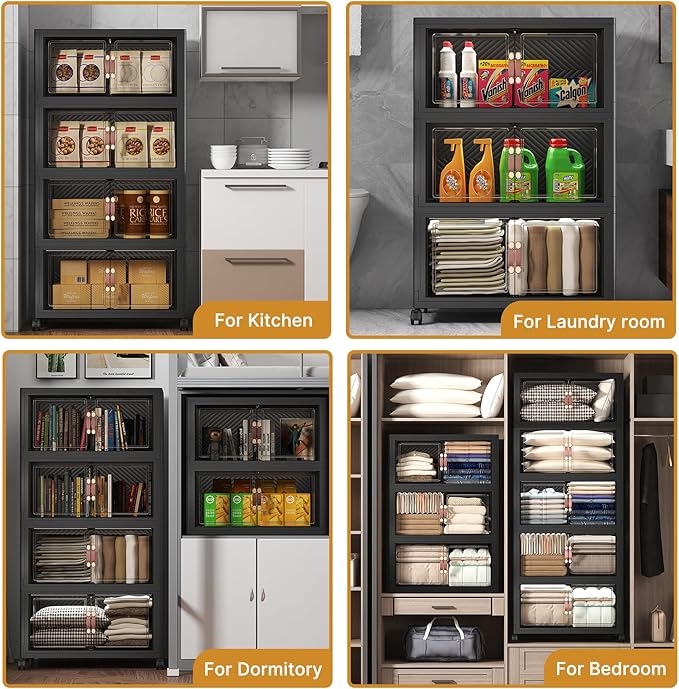Extra Large Stackable Storage Bins with Lids & Wheels, 330QT-55QT/14GAL*6Pack Foldable Collapsible Closet Organizers Dark Storage Cabinet with Doors for Bedroom Dorm