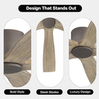 WINGBO 54" Flush Mount DC Ceiling Fans without Lights, 5 Carved Solid Wood Blades, 6-Speed Reversible DC Motor, Low Profile Hugger Ceiling Fan No Light for Living Room Bedroom Patio, Graphite and Gray