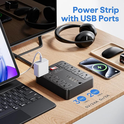 13 in 1 Surge Protector Power Strip Flat Plug 8 Widely AC Outlet 3 USB Ports,1250W/10A，5 ft Extension Cord with Multiple Outlets, Desk Extender for Dorm, Home,Travel， Office Essentials,ETL Listed