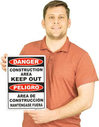 Brimar - 10" x 14" - Bilingual Danger Construction Area Keep Out Sign - .055″ Polyethylene Plastic - Bold Text - Easy Installation