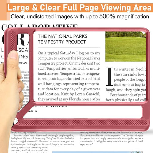 5X Full Page Magnifying Glass for Reading, Lightweight Rectangular Magnifier Provides Large Book Page Viewing Area, Handheld Magnifier for Reading Small Prints for Seniors, Low Vision-Red