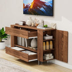 Vavkorkula TV Stand for 55 Inch with 2 Large Drawers & Hidden Storage Cabinets, Modern Farmhouse Entertainment Center Television Stands for Living Room Bedroom, Walnut