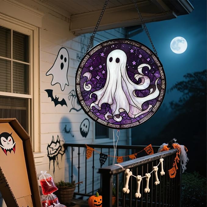 DASTOLL Stained Glass Window Hanging - Halloween Decorations White Ghost Purple Stars Suncatcher for Doors Garden Spooky Funny Sun Catchers Gothic Decor Horror Gifts for Women Men Friend 15 in