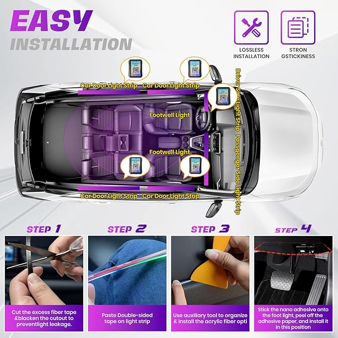 Acrylic Interior Car LED Strip Lights, Colorful 10-in-1 Car Ambient Lighting Kit, with Wireless APP Control, 622 LED Fiber Optic Strip Lights for Cars, Supports Neon Sync with Music DIY Mode