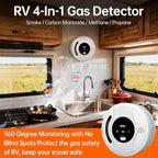 4-in-1 RV Propane Gas Detector, RV Carbon Monoxide Detectors, Smoke Detector, Natural Gas Detector, CH4/CO/LPG/Smoke Alarm, Battery Powered,LED Indicator,Surface Mount,for Travel Trailer,Truck Camper