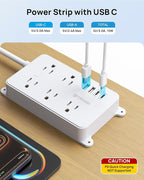 TROND Power Strip with USB, 10ft Extension Cord Surge Protector, 5 Widely Spaced Outlets with 4 USB Ports, ETL Listed, 1300J, Low-Profile Flat Plug, Wall Mountable, White