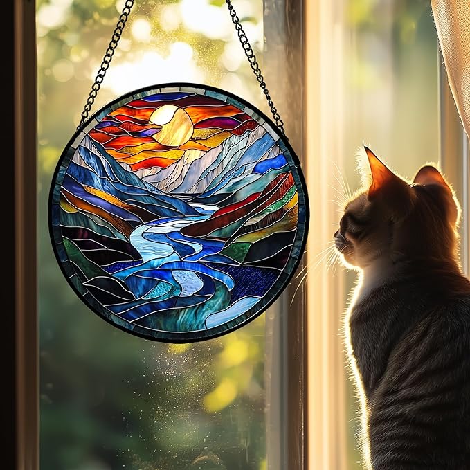 AMDERVEN Stained Glass Window Hanging, Canyon Mountains Sunset View Sun Catcher for Window Home Decor Landscape Suncatcher Mother's Day Birthday Gifts for Women Men Mom and Nana 7.8 in
