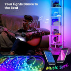 MonaSixy 6 Tier Corner Shelf with Light, Music Synic 60000 DIY LED Color Smart Remote Tall Display Shelves Corner Shelf Stand Bookshelf Wood Rack Metal Frame for Living Game Room Bedroom, White