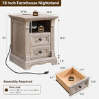 T4TREAM Farmhouse Nightstand Set of 2, 18" Side Table with Charging Station, Wood End Table w/Roman Column, Bedside Cabinet for Bedroom, Living Room, Light Rustic Oak