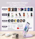 3 in 1 Magnetic Wireless Charging Station for Apple Devices, Fast Foldable Travel Mag-Safe Charger Stand with Night Light for iPhone 17 16 15 14 13 12 Series, Apple Watch/AirPods Pro, PU