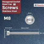 Kozelo 8pcs Socket Head Cap Screws - [M8-1.25 x 90mm] 304 Stainless Steel Allen Socket Drive for Electrical Motor 3D Printing Fan Engine Replacement Use, Silver