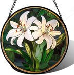 CRISGIF Stained Glass Window Hanging, White Lily Suncatcher for Door Garden Patio Birth Flower Green Plant Sun Catchers Decor Christmas Mother's Day Birthday Gifts for Women Mom Nana Friend 6.3 in
