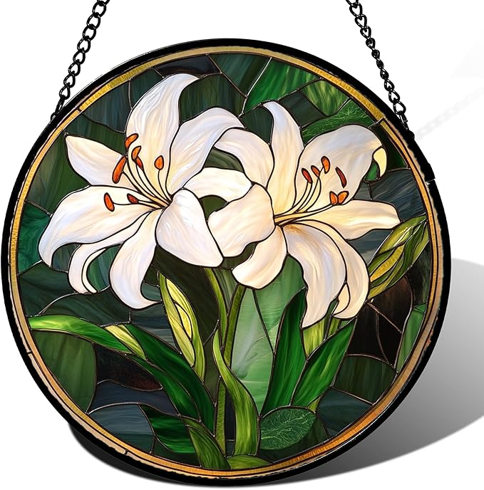 CRISGIF Stained Glass Window Hanging, White Lily Suncatcher for Door Garden Patio Birth Flower Green Plant Sun Catchers Decor Christmas Mother's Day Birthday Gifts for Women Mom Nana Friend 9.8 in