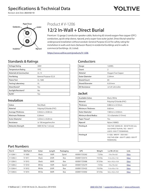 Voltive 12/2 Speaker Wire, in-Wall CL3 & Direct Burial, Black, 500ft - 12AWG, 2 Conductors, Stranded Oxygen-Free Copper, UL Listed - V-1206-5