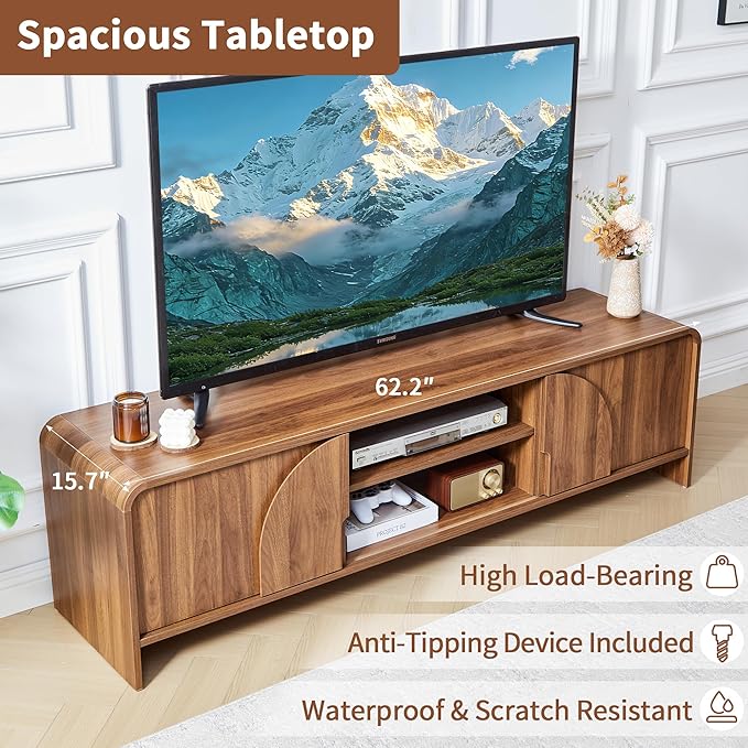 BERRYMERRY 63'' TV Stand for Up to 75" TVs,MCM TV Console Table with Big Arched Handle,Television Stands Entertainment Media Center with Sliding Door for Living Room Bedroom (Walnut)