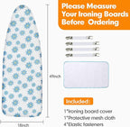 Ironing Board Cover and Pad, 18x49 Extra Wide Thick Iron Padding, Scorch & Stain Resistant Ironing board cover, Heavy Duty Iron Board Padded with Adjustable Fasteners Durable Elastic Edge, Daisy