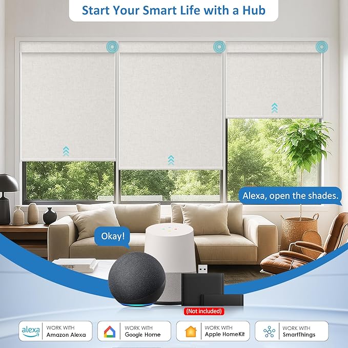MANSNIX Smart Motorized Blinds with Remote, Cordless No-Drill Automatic Roller Shades, Blackout Electric Blind for Windows, Linen Stone, 46.5 x 72