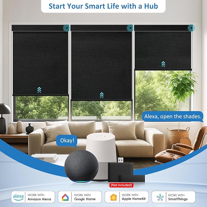 MANSNIX Smart Motorized Blinds with Remote, Cordless No-Drill Automatic Roller Shades, Blackout Electric Blind for Windows, Black, 30 x 72