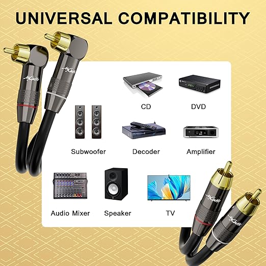 RCA Cable 30 FT, 90 Degree Right Angle 2RCA to 2RCA Stereo Audio Cable, Zinc Alloy Shell, Gold-Plated Plug, 2 RCA Audio Cord, for Home Theater, Subwoofer, HDTV, Amplifier, Hi-Fi System, Car, Speaker