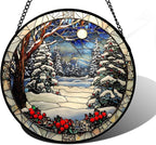DASTOLL Stained Glass Window Hanging Christmas Tree Winter Snow Night Scenery 9.8" - Suncatcher Door Garden Kitchen Sun Catcher Home Decor Birthday for Mom Men Woman Friend