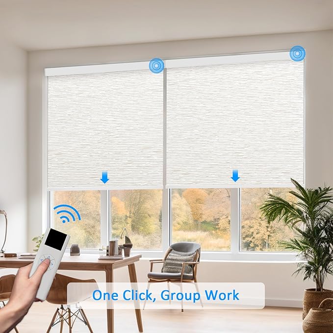 COOLWINDS Motorized Blinds with Remote Cordless Automatic Motorized Shades Custom Blinds for Windows Smart Curtains Compatible with Alexa Google Home(Light Filtering Jacquard Beige,W52 x H72in)