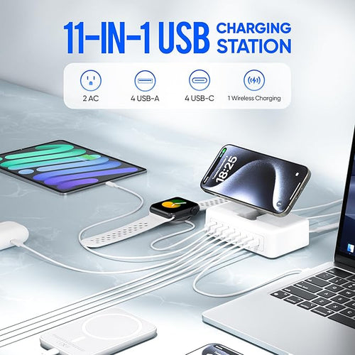 11-in-1 Charging Station USB-C Power Strip, 200W USB C Charger Block, 2AC Outlets 8USB Ports(4USB-C) Surge Protector, 5FT Flat Plug Extension Cord, PD65W Desktop Fast Charging for Home Office, White