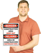Brimar - 10" x 14" - Bilingual Danger Construction Area Keep Out Sign - .055″ Polyethylene Plastic - Bold Text And Symbol - Easy Installation