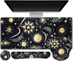 Gaming Mouse Pad, Large Desk Mat, Cute Desk Pad Protector, 4in1 XXL Mousepad + Keyboard Wrist Rest+Mouse Wrist Rest+Coaster Set with Ergonomic Desk Pad for Home Office PC Computer, Stars and Moon