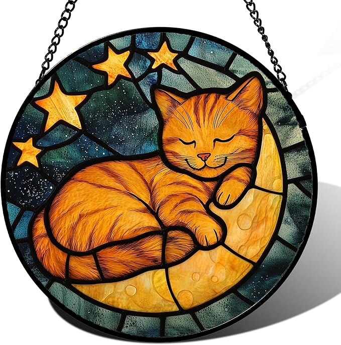 AMDERVEN Stained Glass Window Hanging - Orange Cat Sun Catcher for Door Home Decor Stars and Moon Suncatcher Christmas Mother's Day Birthday Loss of a Pet Gifts for Women Men Mom Nana 15 in