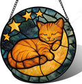AMDERVEN Stained Glass Window Hanging - Orange Cat Sun Catcher for Door Home Decor Stars and Moon Suncatcher Christmas Mother's Day Birthday Loss of a Pet Gifts for Women Men Mom Nana 7.8 in